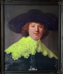 Rembrandt work adjusted. acrylic paint on photo on card board